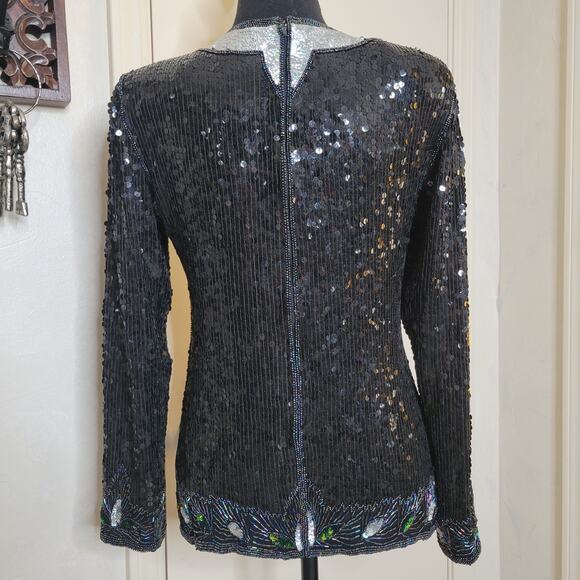 VTG Hina Trading Co. Silk Sequin Beaded Irredescent Long Sleeve Formal Blouse✨️M - Picture 15 of 16